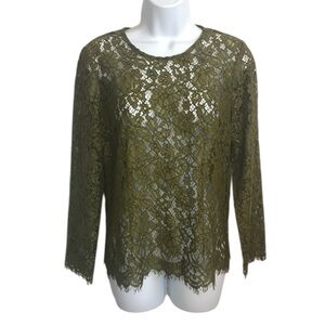🔴 4/$15 J. Crew Women’s 4 Dark Green Sheer Floral Lace LS Scalloped Hem Top EUC